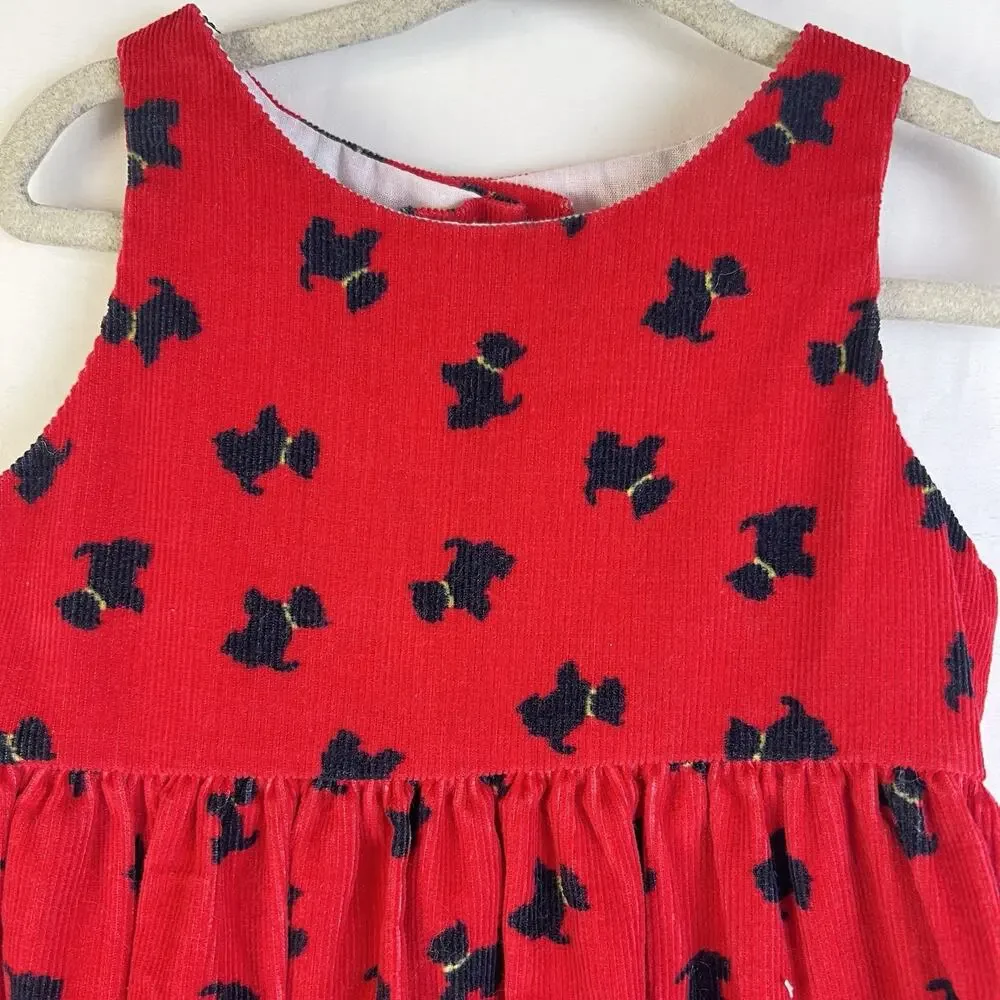 Vintage Kelly's Kids Corduroy Dress Girl's 2 Scottie Dogs Red Christmas USA